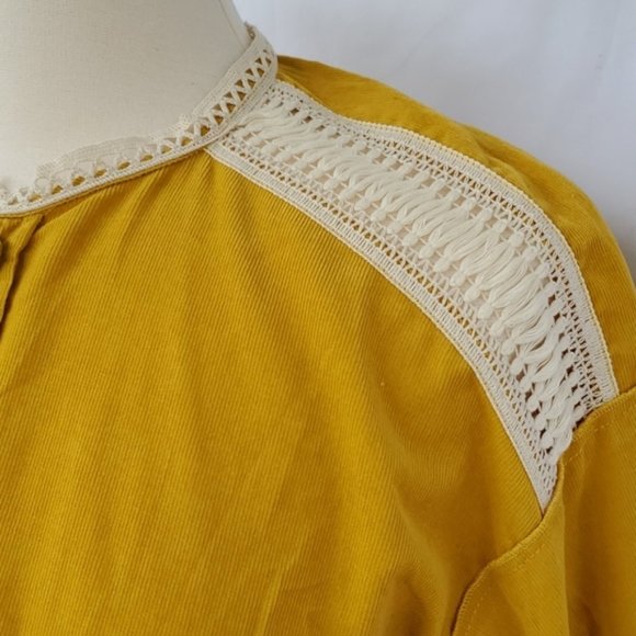 ZARA BASICS Winter Mustard Gold Cotton Corduroy Crochet Button Shirt Blouse Top - Picture 10 of 16